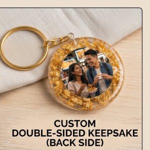 Double-Sided Photo Resin Keychain with Golden Foil Glitter (5 cm Circle)