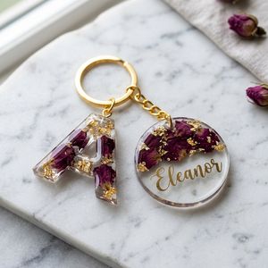 Handcrafted Custom Initial & Nameplate Resin Keychain Set with Real Rose Petals & Gold Flakes