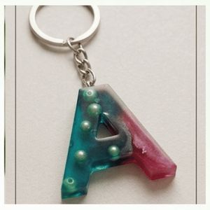 Handcrafted Dual-Tone Resin Alphabet Initial Keychain with Embedded Pearls