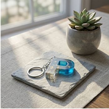Handcrafted Custom 'P' Letter Resin Keychain with Gold Foil & Teal Gradient